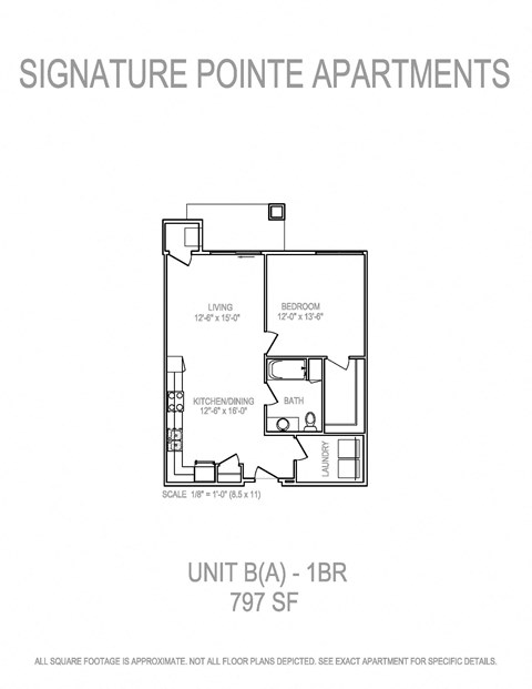 Floor plan for 1 bed, 1 bath, 797 sqft